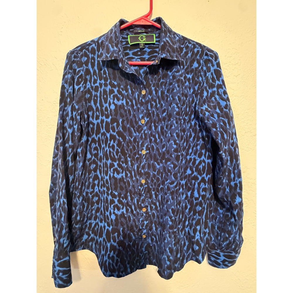 C. Wonder Womens Blue Black Leopard Print 100% Silk Button Down Blouse Small